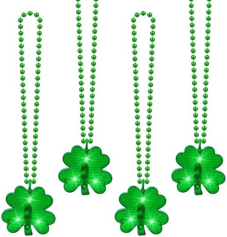 YAXINRUI 4pcs Light Up Shamrocks Beads Necklaces, St. Patrick's Day Accessories - Led Metallic Green Bead Clovers for Irish Party Favor Supplies