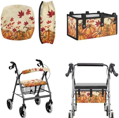 LedBack Thanksgiving Walker Accessories 3 Piece Set Rollator Walker Seat and Backrest Covers, Maple Leaf Pumpkins Storage Bags Rollator Seat Cushion Covers for Seniors