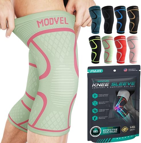 Modvel Knee Braces for Knee Pain Women & Men - 2 Pack Knee Brace for Knee Pain Set, Knee Brace Compression Sleeve, Knee Support for Knee Pain Meniscus Tear, ACL & Arthritis Pain Relief,Cream/Pink XS