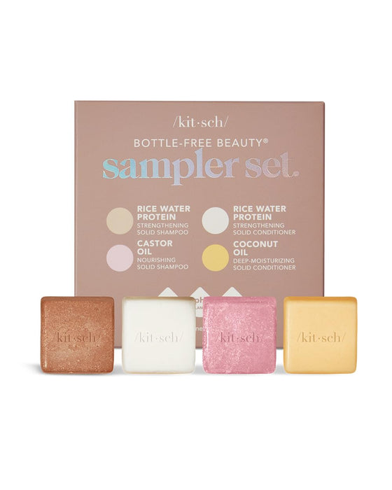 Kitsch 4pc Sampler Solid Shampoo and Conditioner Bar Set - Rice Bar Shampoo and Conditioner Bar for Hair Growth, Castor Oil Shampoo Bar & Coconut Oil Deep-Moisturizing Hair Conditioner Bar, Zero Waste