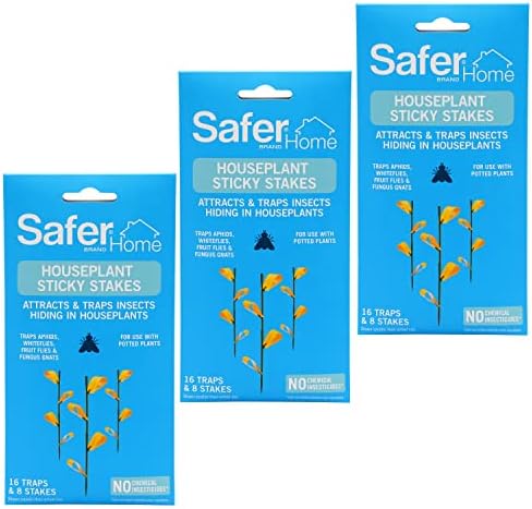 Safer Brand Home SH5026-3SR Houseplant Sticky Stake Insect Traps for Indoor Plants - 48 Traps Included - Controls Aphids, Whiteflies, Fruit Flies, Fungus Gnats, and Other Insects