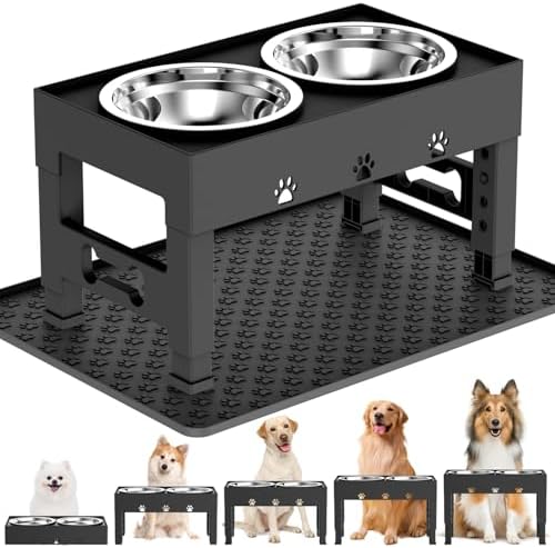 Elevated Dog Bowls with Mat, 5 Height Adjustable Raised Dog Bowl with 2 Stainless Steel Dog Food Bowls Stand Non-Slip Dog Dish Adjusts to 3.1”, 9”, 10”, 11”, 12” for Medium Large Dogs