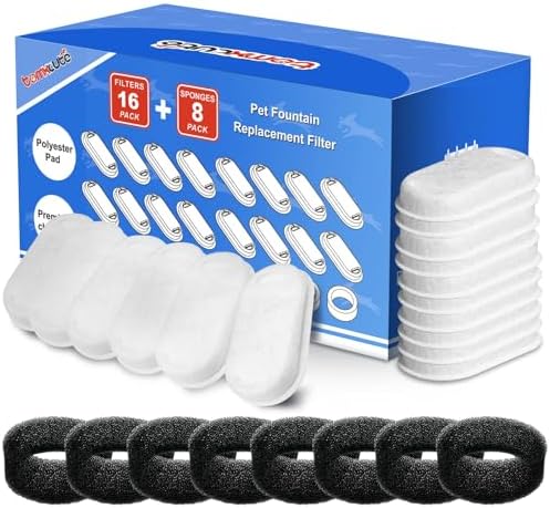 Tomxcute Official Cat Water Fountain Filters for 108oz/3.2L and 135oz/4.0L Adjustable Water Flow Cat Water Fountain, Ultra-Quiet Cat Water Fountain 16 Packs Filters & 8 Sponges Foam Filters