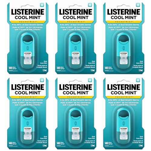 Listerine Cool Mint Pocketmist, Oral Care Mist for Fresh Breath, Non-Aerosol Sugar-Free Minty Bad Breath Refresher Spray to Kill 99% of Bad Breath Germs, Portable, Cool Mint Flavor, 7.7 mL