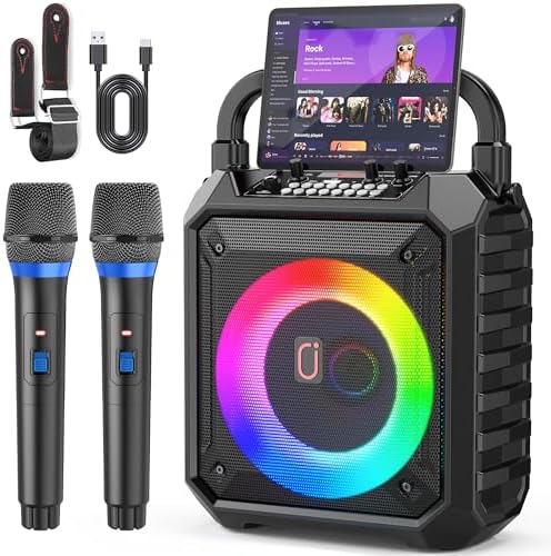 JYX Karaoke Machine with Two Wireless Microphones, Portable Speaker with LED Lights for Kids and Adults, Supports Bluetooth/USB/TF/AUX for Party