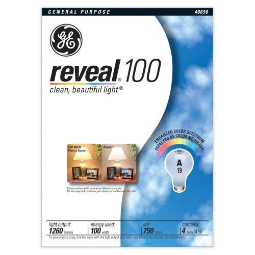 4- GE 100 Watt 100w Reveal Soft White A19 Light Bulbs 48690