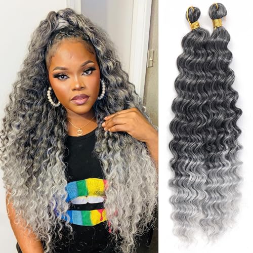 Eerya Long Curly Braiding Hair 24 Inch 2 Packs Ocean Wave Crochet Hair for Black Women Deep Wave Braiding Hair for Boho Braids (24 inch, T1B/grey)