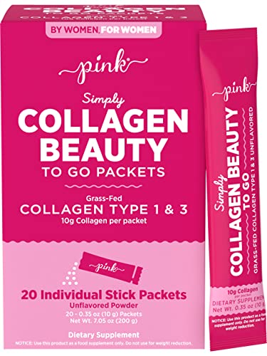 PINK Collagen Powder to Go | 20 Travel Packets | Unflavored Powder Type 1 & 3 | Gluten Free & Non-GMO Grass Fed Peptides