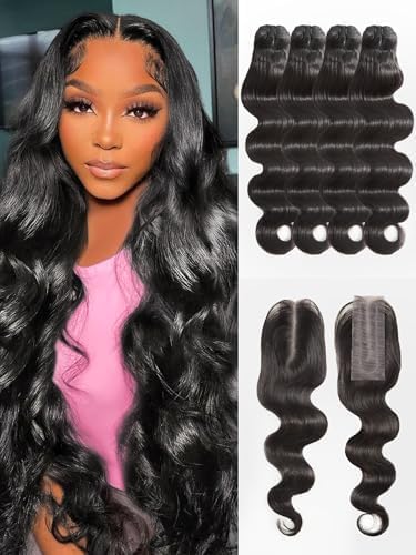 Body Wave Bundles Human Hair 20 22 24 26 4 Bundles Human Hair Extensions Natural Black Color Brazilian Virgin Unprocessed Human Hair with Mono Top Closure
