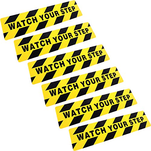 Boao 6 Pieces Watch Your Step Floor Decals Stickers 6 x 24 Inch Watch Your Step Sign Warning Sticker Adhesive Tape Anti Slip Abrasive Tape for Workplace Safety Wet Floor Caution