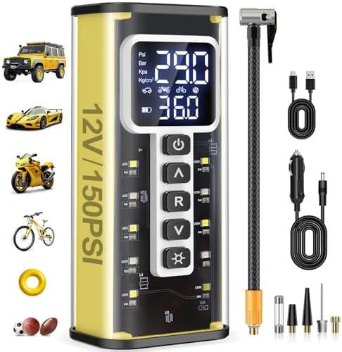 Tire Inflator Portable Air Compressor, Air Pump for Car Tires 20000mAh Battery & 150PSI, Electric Tire Pump 12V AC/DC Dual Power Supply, Tire Pressure Gauge, Smart 5X Fast Inflation for SUV Ball Bike