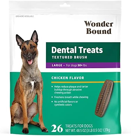 Amazon Brand - Wonder Bound Dog Dental Treats for Large Dogs (Over 50 lbs), Real Chicken Flavor, Nubbed Texture for Plaque & Tartar Control, Freshens Breath While Chewing, 26 Count