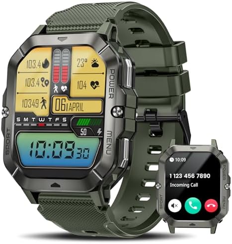 Military Smart Watches for Men (Answer/Make Calls), Waterproof Rugged Fitness Tracker with Blood Pressure/Heart Rate/SpO2/Sleep, Bluetooth Tactical Smart Watch for Android and iPhone, Military Green