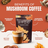 RYZE Mushroom Coffee | 6 Adaptogenic Mushrooms | USDA Organic | Instant Coffee | MCT Oil | USA Grown | Better Energy, Focus, Digestion, Immunity | Cordyceps, Lion’s Mane, Turkey Tail | 30 servings