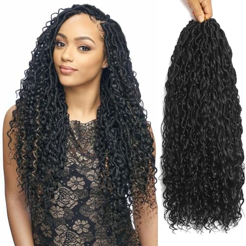 28 Inch Goddess Locs Crochet Hair 8 Packs Boho Faux Locs Crochet Braids for Black Women, Pre Looped Hippie River Locs Crotchet Hair with Curly Ends (28inch (pack of 8), 1B)