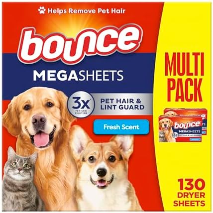 Bounce Pet Hair and Lint Guard Mega Dryer Sheets with 3X Pet Hair Fighters, Fresh Scent, 130 Count, Bounce Dryer Sheets, Fabric Softener Sheets