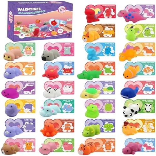 28 Pack Valentines Day Gifts for Kids, Mochi Squishies Party Favor Set with Valentines Greeting Cards for Kids, Valentine's Day School Prize Party Favor, Classroom Exchange Gift Set