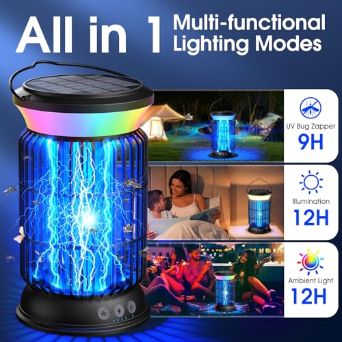 Solar Bug Zapper Outdoor, 4200V Mosquito Zapper, 4000mAh Rechargeable Bug Zapper, Portable Fly Zapper with 9 Modes Light, Waterproof Electric Insect Zapper for Outside, Patio, Backyard, Garden