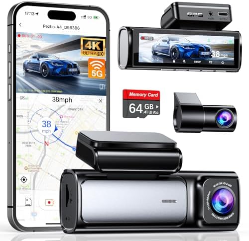 4K Dash Cam Front and Rear, Built-in 5G WiFi GPS, 64GB Card Included, 3.59'' IPS Screen Dash Camera for Cars, Dual Dashcam with G-Sensor, Loop Recording, WDR, Night Vision, 24H Parking Monitor