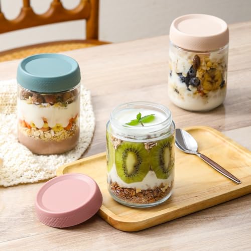 NETANY 6-pack 16 oz Overnight Oats Containers with Lids, Glass jars with Airtight Lids, Wide mouth Mason Salad jars, Glass Food Storage Containers for Snacks Yogurt Spice Sugar