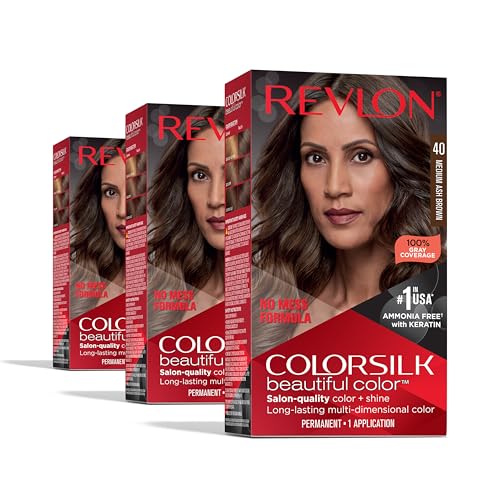 Revlon Permanent Hair Color, Permanent Brown Hair Dye, Colorsilk with 100% Gray Coverage, Ammonia-Free, Keratin and Amino Acids, Brown Shades (Pack of 3)