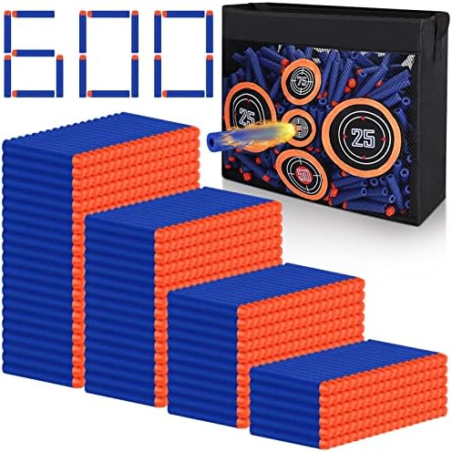 600PCS Refill Bullets Fit for Nerf Guns N-Strike Elite Series Blasters Toy Guns Darts with Portable Shooting Practice Target Toy Storage Mesh Bag