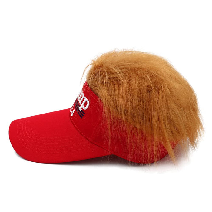 Trump Hat with Hair Trump 2024 MAGA Hat Donald Trump Hair Wig Visor Red Hat Embroidered Ultra MAGA Adjustable Baseball Cap