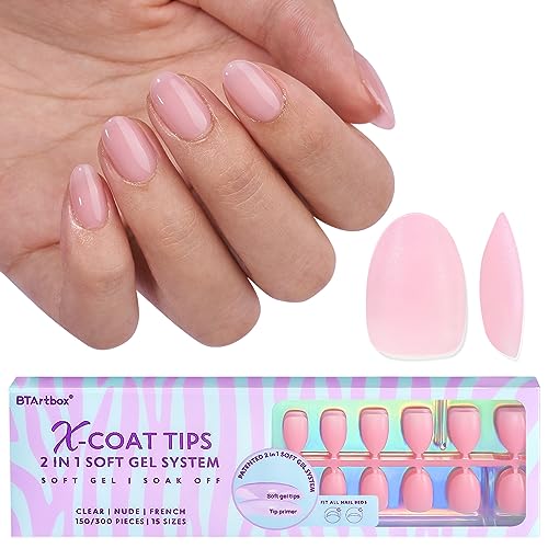 BTArtbox XCOATTIPS Natural Nail Tips - Extra Short Almond Press On Nails Pink, Long Lasting Soft Gel Nails False Nail, Soak Off Acrylic Fake Nails Extensions for Nail Art DIY