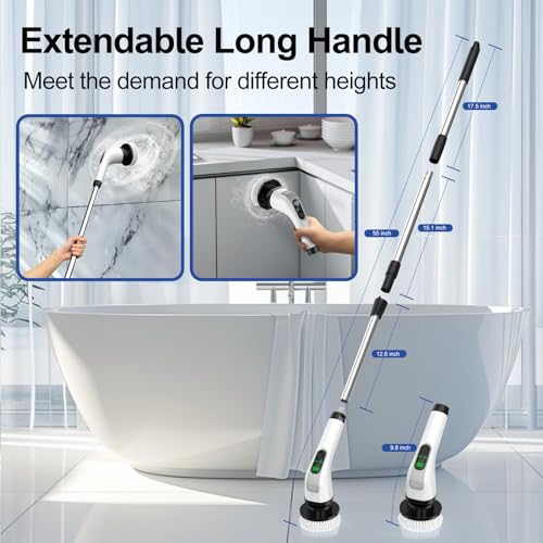 Electric Spin Scrubber with Long Handle: Cordless Power Shower Scrubber - Spin Brush with 7 Brush Replacement Heads for Cleaning Bathroom,Tub, Tile