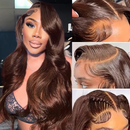 Chocolate Brown Lace Front Wig Human Hair Pre Plucked 13x4 Hd Lace Body Wave Frontal Wigs Human Hair 4# Brown Colored Wigs Human Hair 180% Density Glueless Wigs 26inch