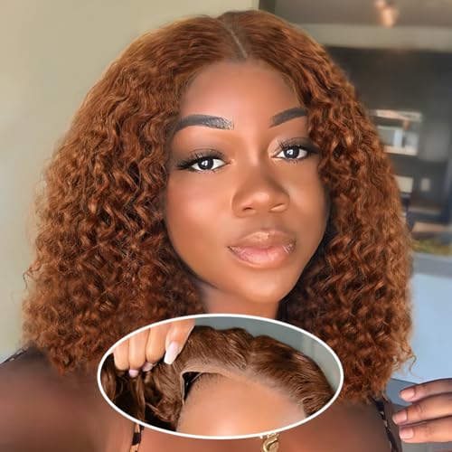 Wear and Go Glueless Wigs Human Hair Pre Plucked Pre Cut Bob 4x4 Curly Wave Lace Front Wigs Human Hair 180% Density No Glue Human Hair Wigs for Black Women, Auburn, 12 Inch