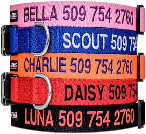 GoTags Personalized Dog Collar, Custom Embroidered with Pet Name and Phone Number in Blue, Black, Pink, Red and Orange, for Boy and Girl Dogs or Cats, Adjustable Sizes, Small, Medium, and Large