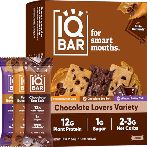IQBAR Brain and Body Plant Protein Bars - Chocolate Lovers Variety - 12-Count Low Carb - Gluten Free, High Fiber, Vegan Snacks - Low Sugar Meal Replacement