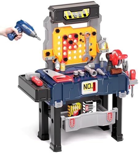 Deejoy Kids Tool Bench, Realistic and Electric Drill, Tool Box & Workbench in One Design, Toddler Bench Toys Learning Gift for Boys & Girls Age 3-5