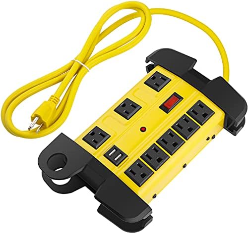 Heavy Duty Power Strip with USB, Workshop 8 Outlet Surge Protector 2700 Joules, Industrial Metal 15Amp Power Strip, 10 FT Extension Cord and Wide Spaced. Yellow