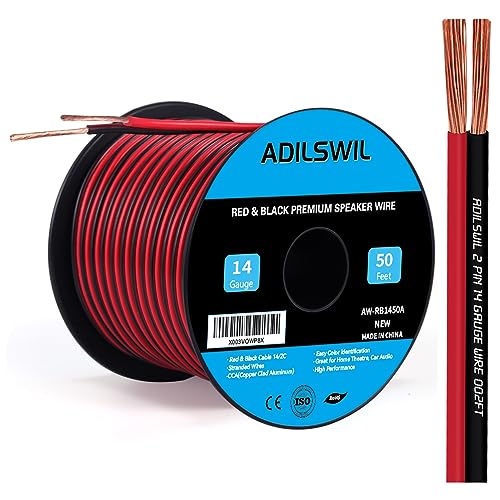 Speaker Wire - 14 Gauge 50FT 14/2 AWG CCA Red & Black 2 Conductor Bonded Zip Low Voltage DC 12V/24V Stereo Audio Light Car Wire CL2 for Extension