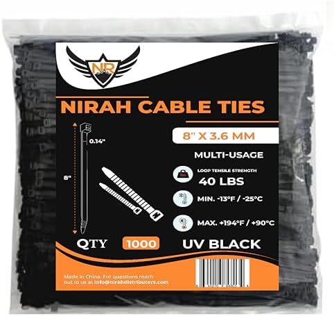 Nirah Zip ties 8 inch 1000 Pack, Black 40lbs, Multi-Purpose, UV Resistant, Black Cable Ties, Wire Ties for Indoor and Outdoor use, Industrial Grade