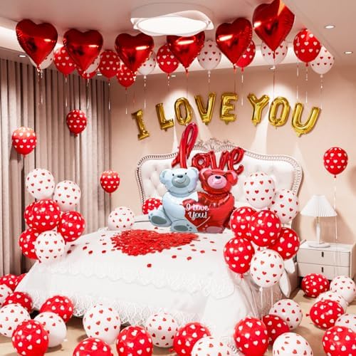 Valentines Day Decorations, Romantic I Love You Balloon and Foil Heart Balloons with 1000 Pcs Red Silk Rose Petals for Valentine Day Party Decor Wedding Anniversary