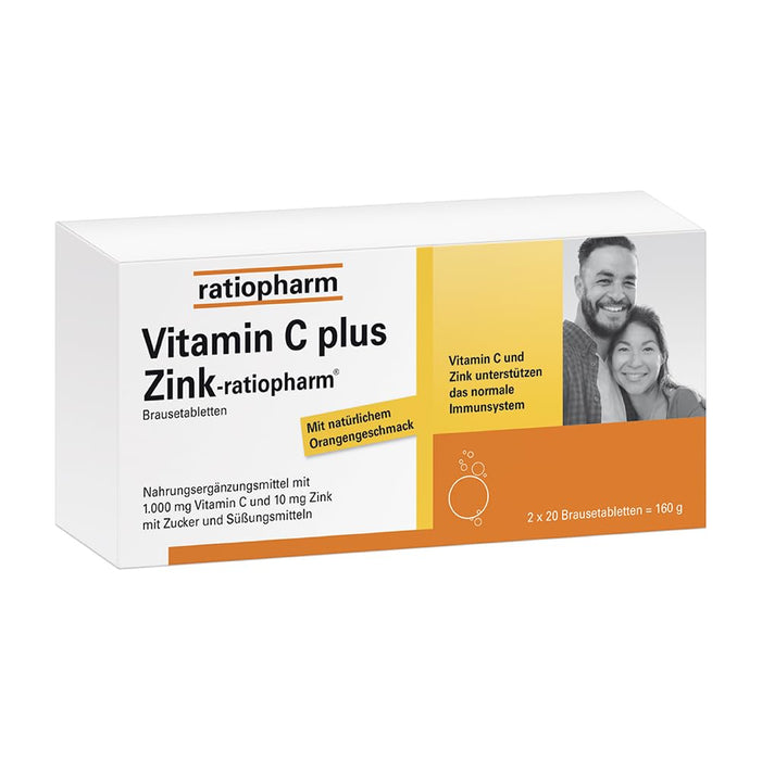 Vitamin C plus zinc ratiopharm – well combined. Highly dosed. Dietary supplement with vitamin C and zinc - the strong duo for your defense, 40 effervescent tablets