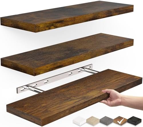 BAYKA Floating Wood Shelves - Wall Mounted for Bathroom,Bedroom,Living Room,Kitchen,Small Hanging Shelf for Books/Storage/Room Decor with 22lbs Capacity(Rustic Brown,Set of 3,15.7inch)