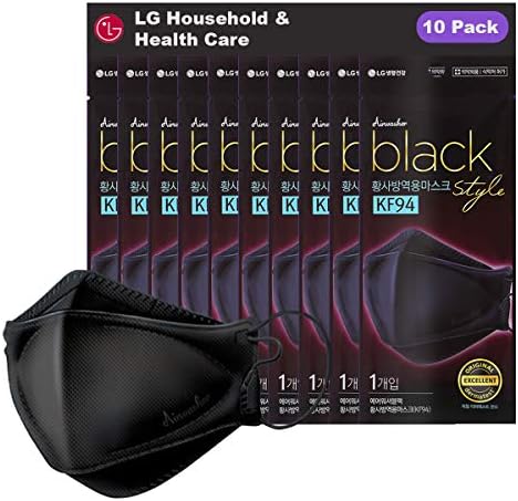 [LG Airwasher] KF94 Disposable Face Mask, 10 Pack - Made in Korea, Black Breathable Reusable Face Mask, Individually Wrapped 4-Ply Adjustable Cloth Masks