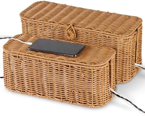 Large Cable Management Box (Set of 2) Handmade Wicker Cable Cord Organizer Box for Power Strip and Cord Storage – 2 Open Slots Cords Hider Box with Lid to Hide Power Strips, TV Wires, USB Hub