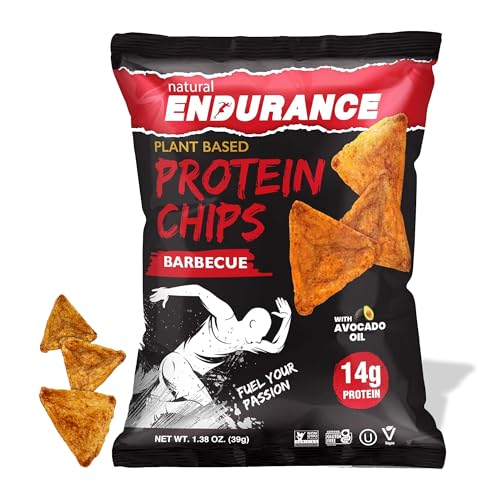 Natural Endurance Protein Chips - Barbecue Chips, Low Carb Chips, High Protein Snack, Vegan Protein with Avocado Oil, 14g Protein Per Bag, Gluten Free, BBQ Flavor - 1.38 oz Bags (Pack of 12)