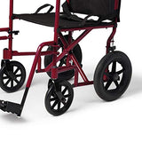 Medline Lightweight Foldable Transport Wheelchair with Handbrakes and 12-Inch Wheels, Red Frame, Black Upholstery