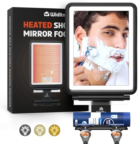 Shower Mirror Fogless for Shaving, Heated Shower Mirror with Lights, 3 Color Dimmable, Rechargeable Fogless Mirror for Shower, Large Anti-Fog Mirror Shaving Mirror with Razor Holder & Squeegee