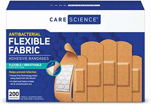 Care Science Fabric Adhesive Bandages, 200 ct Bulk Assorted Sizes | FSA HSA Eligible | Flexible + Breathable Protection for First Aid and Wound Care