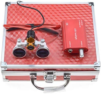 2.5X Binocular Loupes 420mm Optical Glasses +5W LED Headlight Lamp with Filter + Aluminum Box DY-008 (Red)