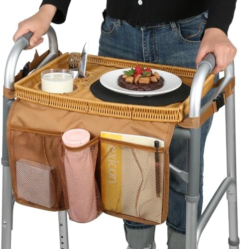 Walker Tray for Folding Walker, Handmade Rattan Trays for Walkers for Seniors Detachable with Cup Holder,Walker Trays for Rolling Folding Walker,Walker Accessories for Elderly