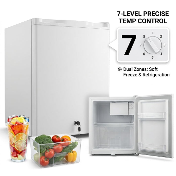 Casanta 50L. Mini Fridge with Lock and Key, Compact Refrigerator with Chiller Compartment, Quiet Energy Efficient Small Fridge for Dorm, Bedroom, Office, RV, Garage - White