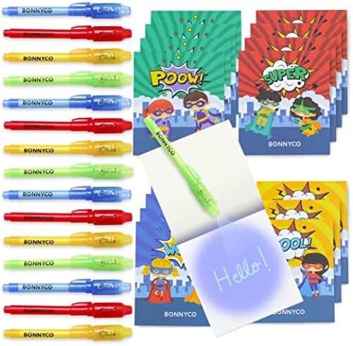 BONNYCO Invisible Ink Pen, Notebook Pack 16 Superhero Party Favors | Super Hero Party Favors for Kids Goodie Bags Stuffers Pinata Stuffers Classroom Prizes Return Gifts for Kids Birthday Student Gifts